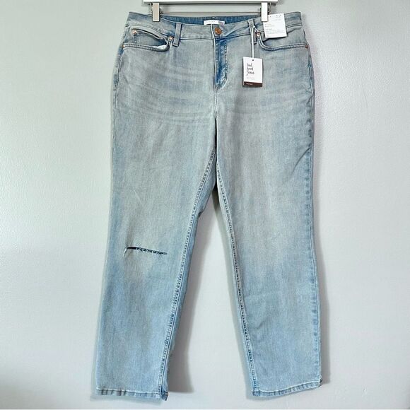 LC Lauren Conrad women’s 16 Mid Rise slim Boyfriend jeans light blue rip at knee - Picture 1 of 10